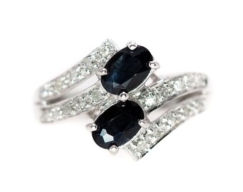 Vintage 1990s Sapphire Diamond Ring: 10K White Gold Bypass Design, Size 4.75