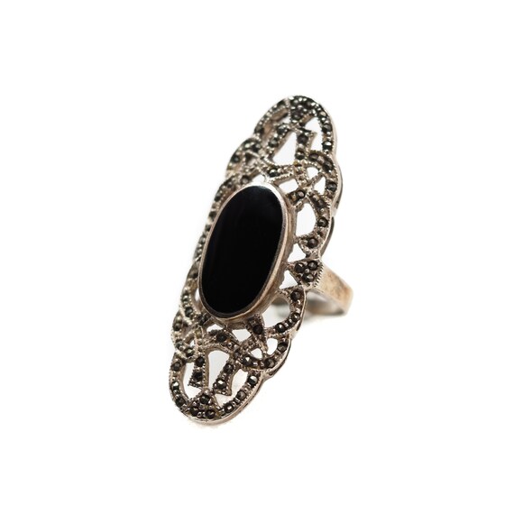 Vintage 1980s Long Black Onyx, Marcasite and Ster… - image 6