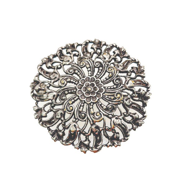 Broche Ronde Vintage En Argent Massif – Motif Filigrané – 5 Cm – 13,4 G
