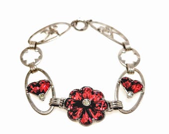 Pulsera vintage de flores de cristal rojo de la década de 1940: Eslabón Art Déco de plata de ley