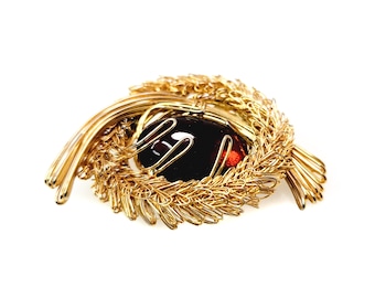 Vintage 1960s HOBE Brown Glass and Gold Plate Wirework Brooch