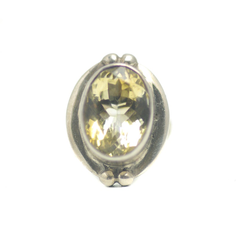 Vintage 1980s Large Yellow Light Oval Cut Citrine Quartz and Sterling Silver Chunky Heavy Statement Ring Size 7.75