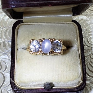 Vintage 1980s Natural Blue Star Sapphire, Zircon, and 14K Yellow Gold ...