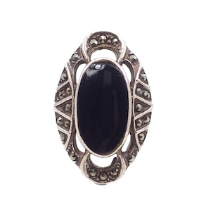 Vintage 1980s Black Onyx Marcasite Sterling Silver Ring - Size 7.25