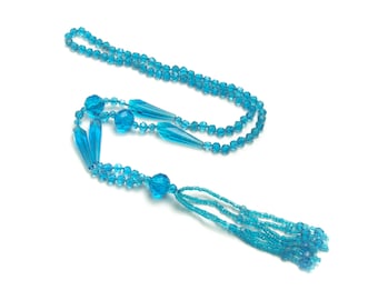 Vintage 1920s Turquoise Glass Bead Long Flapper Tassel Statement Costume 30" Necklace