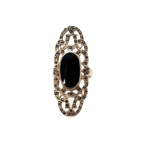 Vintage 1980s Long Black Onyx, Marcasite and Ster… - image 1