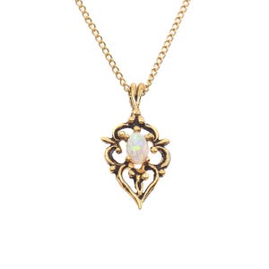 Vintage 1970s Opal Pendant Necklace: Gold Filled Scroll, 18 Inch