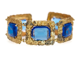 Vintage 1930s Victorian Revival Blue Glass and Gold Plate Floral 6" Bracelet - 30s Large Blue Glass and Yellow Gold Plate Flower Bracelet