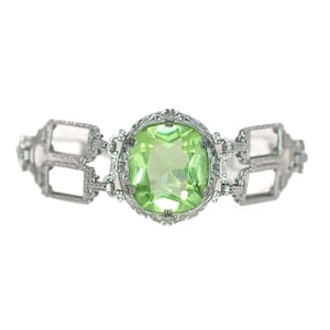 Antique 1920s JH PECKHAM Green Glass, Silver Bracelet - 30s Art Deco Glass, Sterling Silver Link 6&quot; Bracelet - Deco Bracelet
