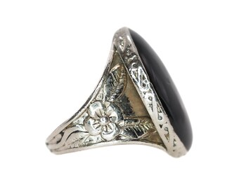 Bague Vintage 1970 En Argent Sterling 925 Avec Onyx Noir Et Marcassite - Taille 55 - Style Ethnique - Neuf De Stock