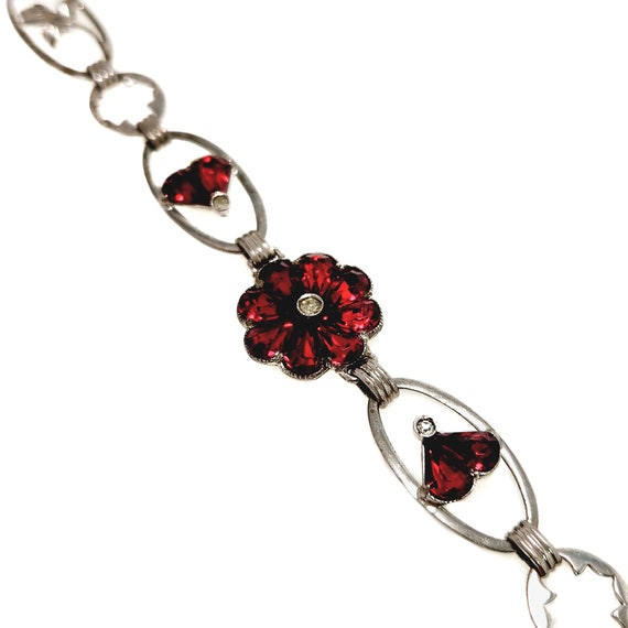 Vintage 1940s Red Glass, Silver Flower Bracelet -… - image 3