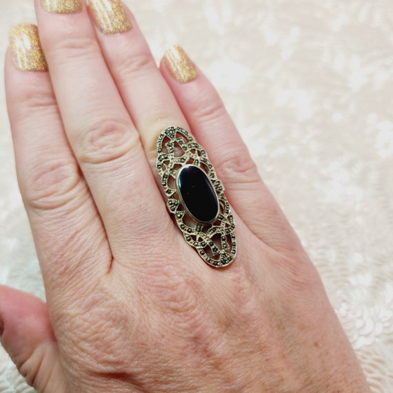 Vintage 1980s Long Black Onyx, Marcasite and Ster… - image 7