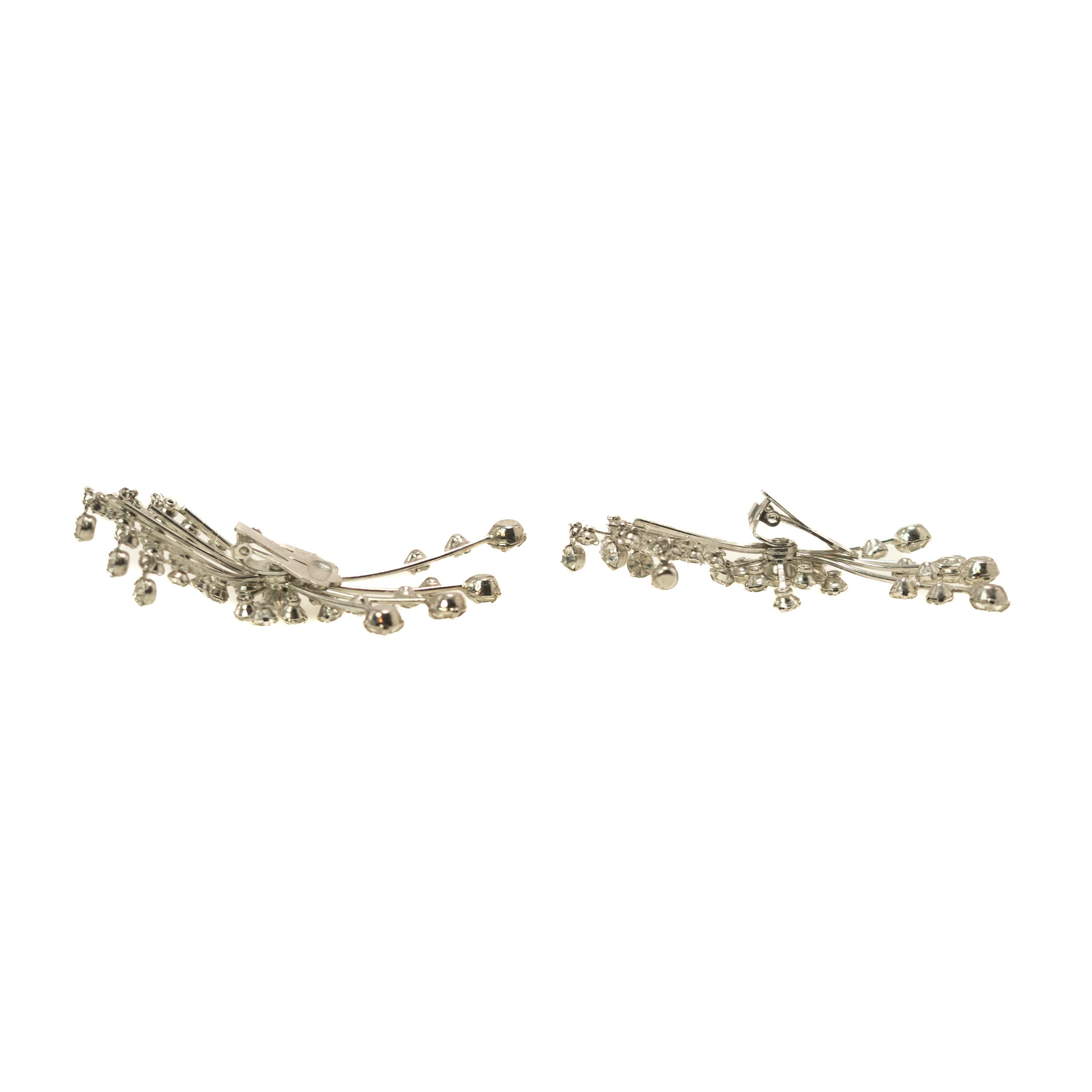 Boucles D'oreilles Clips Vintage Années 50-60 En Métal Argenté Avec Perles Et Strass