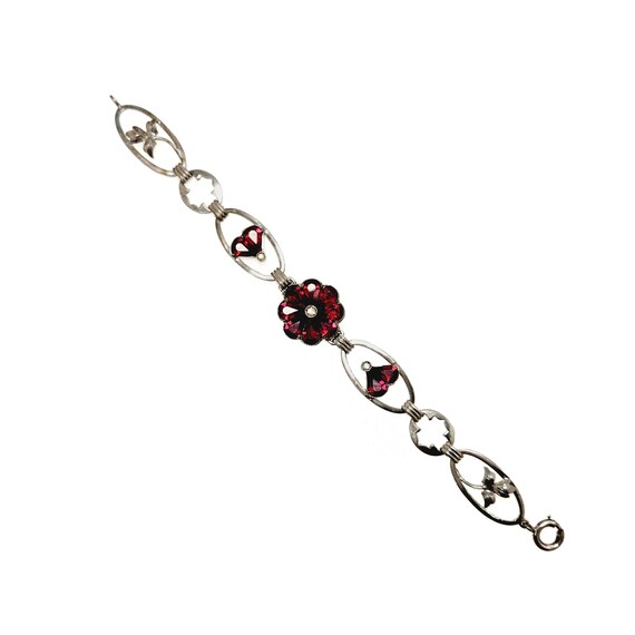Vintage 1940s Red Glass, Silver Flower Bracelet -… - image 4