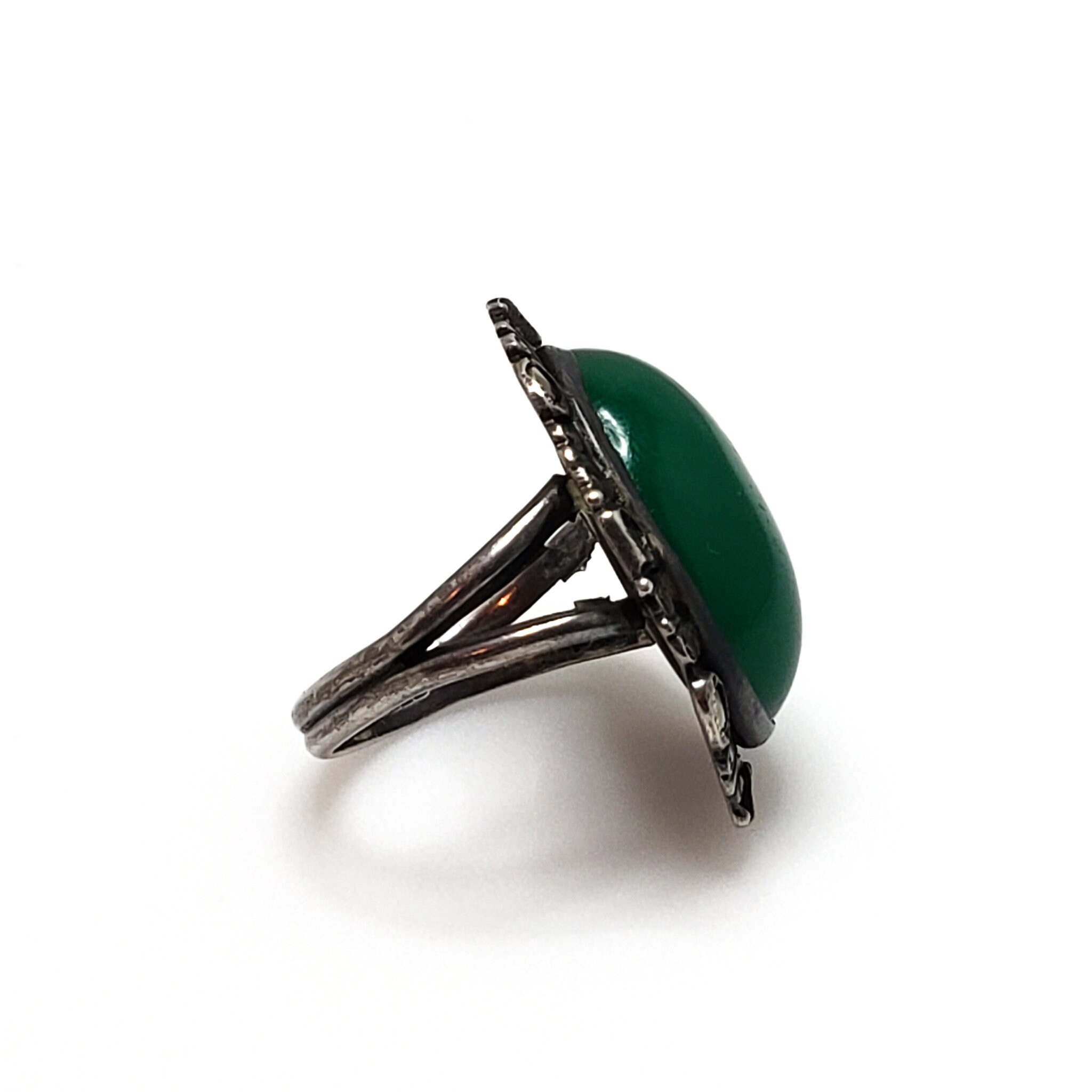 Bague Vintage Années 1960 En Argent Sterling - Cabochon En Verre Vert Anglais, Taille 57 (8-P)
