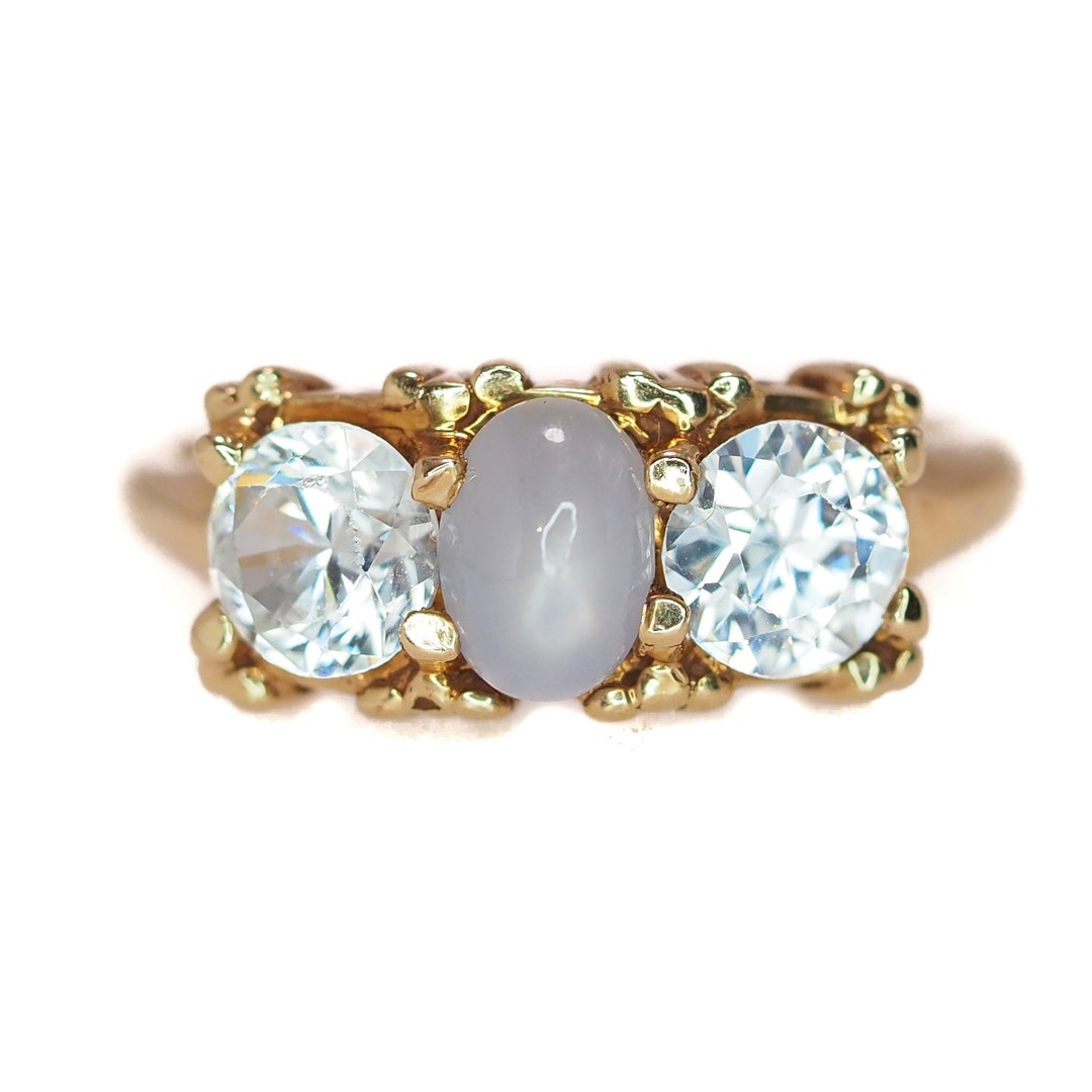 Vintage Zircon, Star Sapphire, Gold Ring - 1980s Natural Blue Star ...