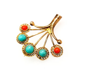 Vintage 1980s Red Shell and Blue Turquoise Vermeil Fan Tree Brooch