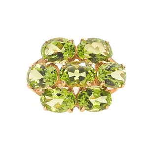 Vintage 1980s Peridot Cluster Ring: 10k Yellow Gold Cocktail Ring, Size 5.75