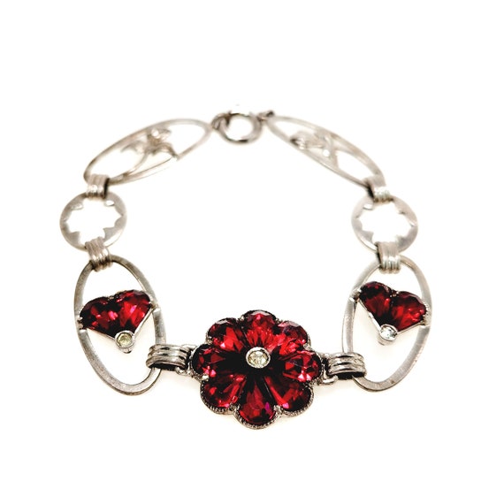 Vintage 1940s Red Glass, Silver Flower Bracelet -… - image 1