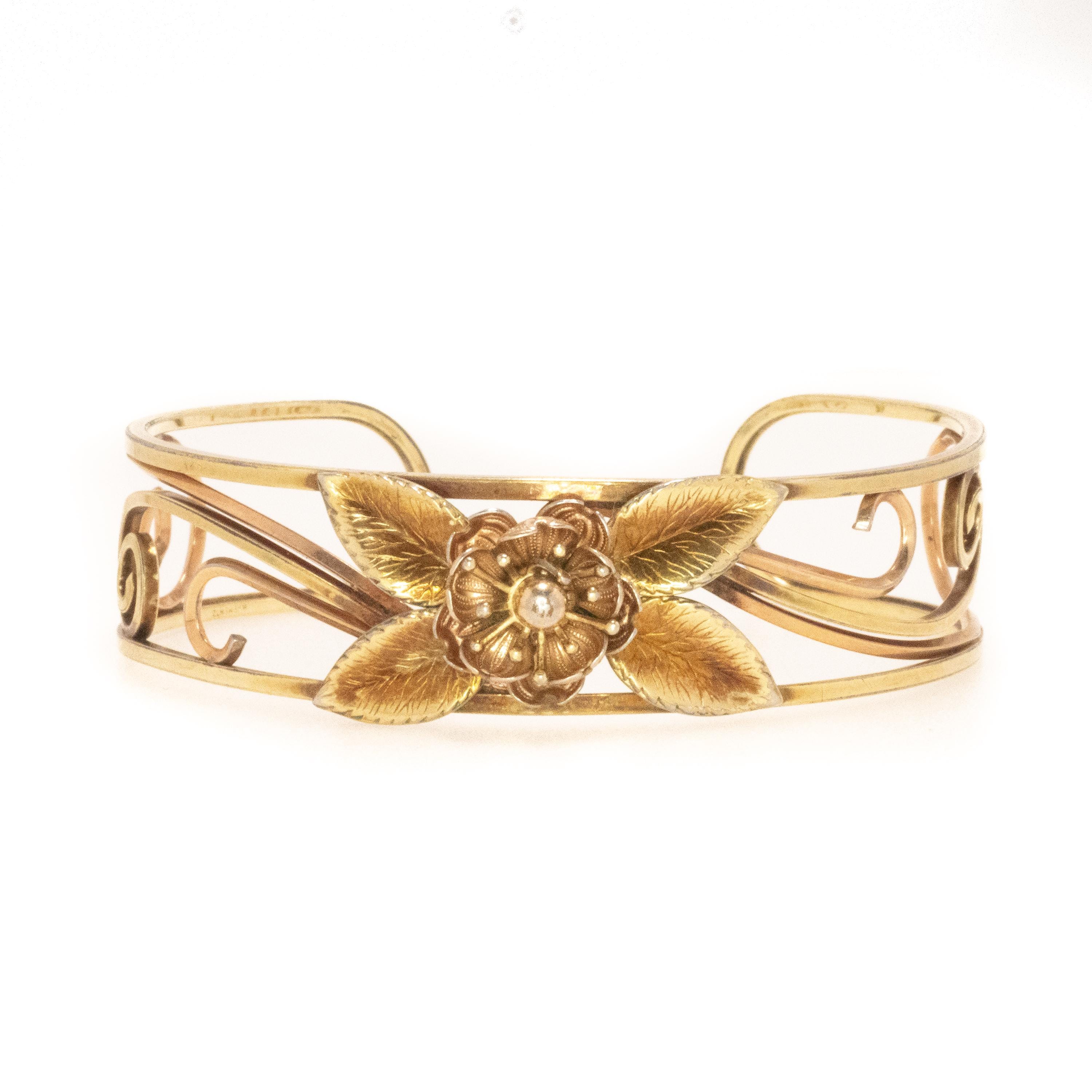 Bracelet Manchette Vintage Années 80 Métal Doré Avec Strass Orange Et Fleurs