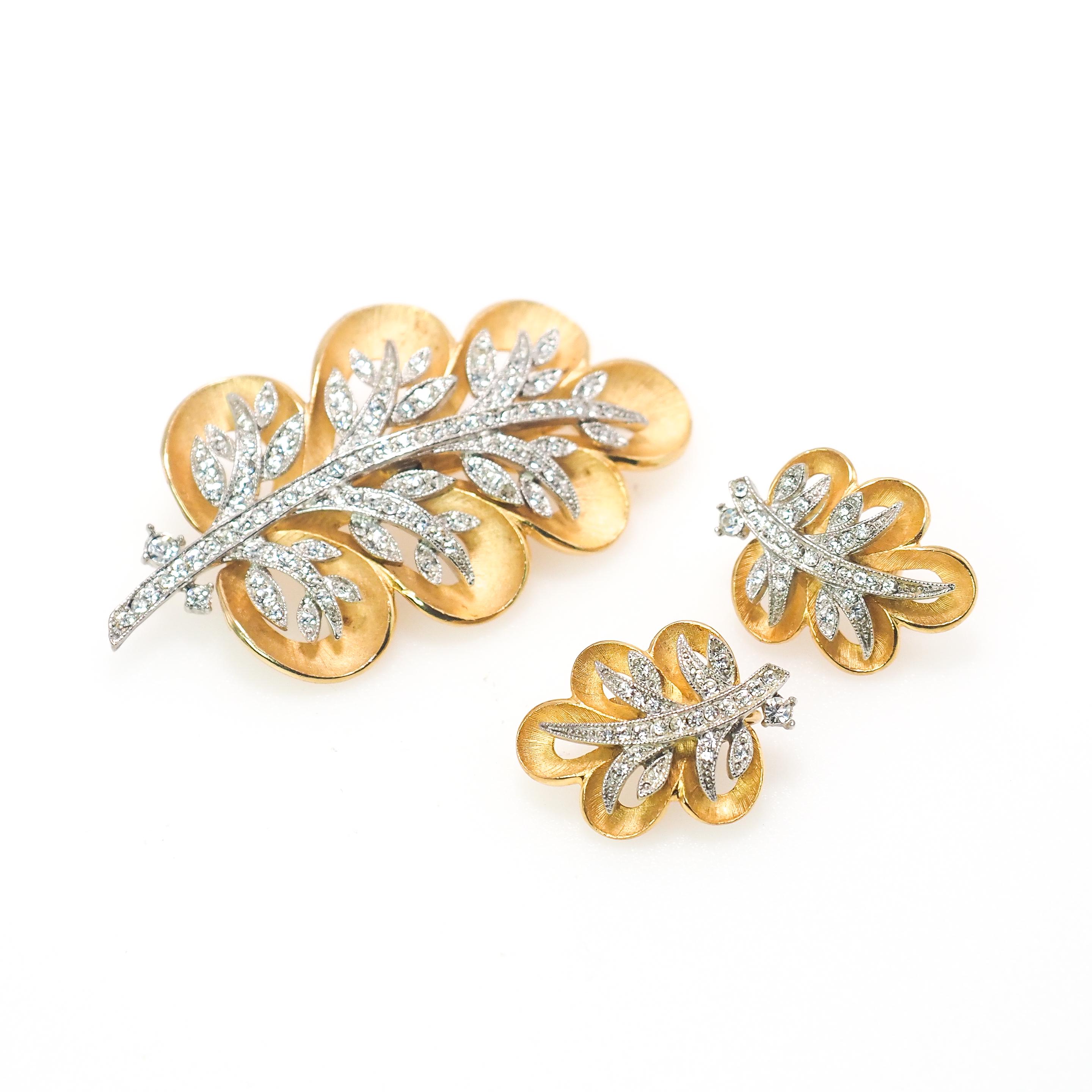 Vintage 1960s Rhinestone Leaf Brooch and Clip Earring Set