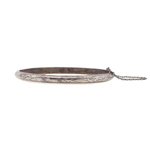 Vintage 1970s Sterling Silver Etched Safety Chain Bangle Hinged 7.25&quot; Bracelet - 70s Thin Silver Bangle