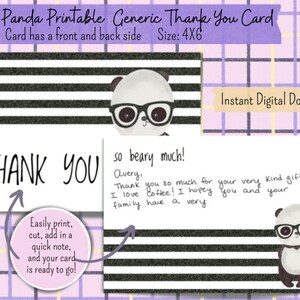 Cute Panda Printable Thank You Card , 4X6 Thank You Card, Instant Download, Black and White Panda Thank You  Card, General Thank You Card