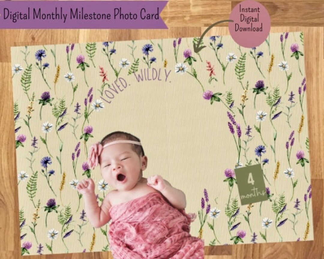 Wildflower Digital Milestone Photo Card Flower Milestone Card Baby