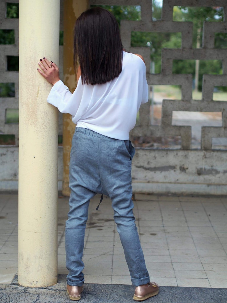 GREY linen pantsgrey drop crotch pantgslinen drop crotch pantswoman linen pants