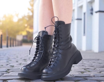 Handmade Women’s Black Leather Boots – Designer Lace-Up Ankle Boots with Chunky Sole, Genuine Leather, Minimalist Everyday Shoes
