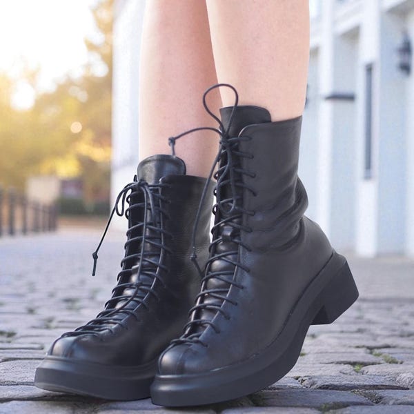 Handmade Women’s Black Leather Boots – Designer Lace-Up Ankle Boots with Chunky Sole, Genuine Leather, Minimalist Everyday Shoes