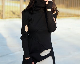 Asymmetrische damestop/zwart asymmetrisch shirt/zwarte asymmetrische blouse/zwarte asymmetrische damestop/vrouwelijke sexy top/zwarte grungeblouse