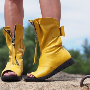 Yellow Genuine leather summer boots,Leather Gladiator Sandals,Peep Toe Boots,Open Toe Boot,Ankle Sandals,Steampunk Shoes,Gothic Sandals image 4