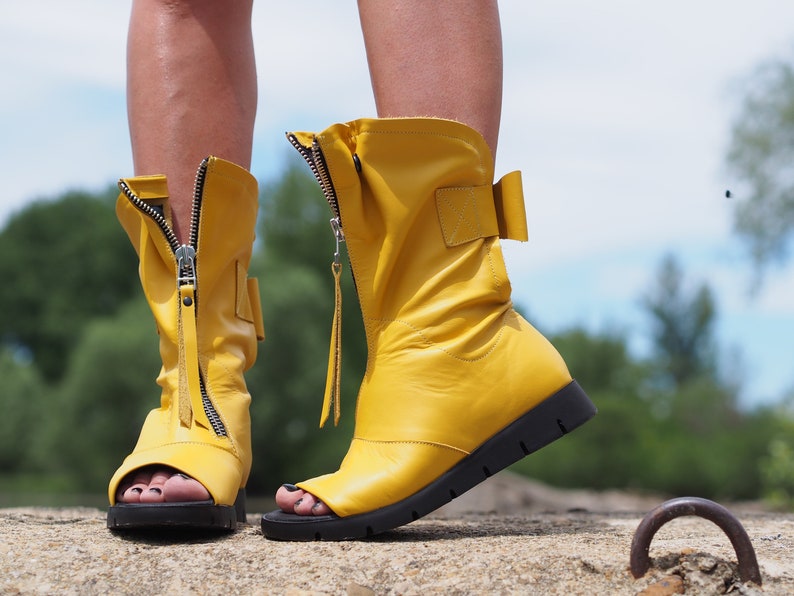 Yellow Genuine leather summer boots,Leather Gladiator Sandals,Peep Toe Boots,Open Toe Boot,Ankle Sandals,Steampunk Shoes,Gothic Sandals image 4
