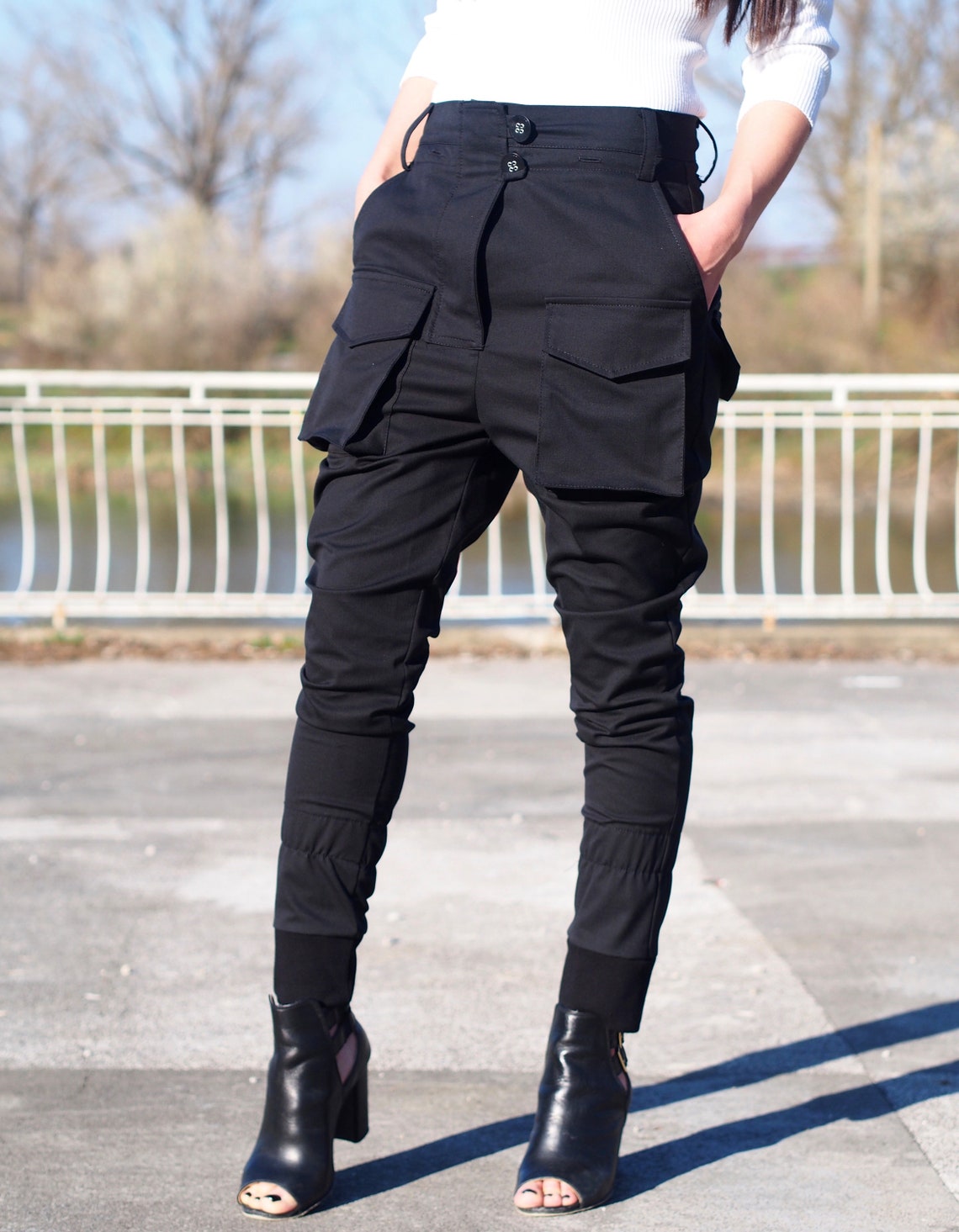 Women Drop Crotch Pantsblack Drop Crotch Pantswomen Casual Etsy