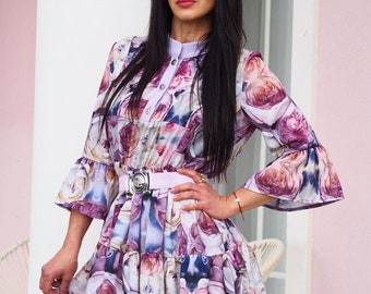 Vestido corto estampado floral – Vestido de corte A con mangas acampanadas – Elegante vestido de fiesta floral – Vestido para vacaciones de primavera y verano