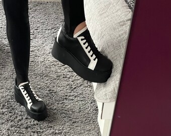 Scarpe con plateau in vera pelle da donna, sneakers con plateau in