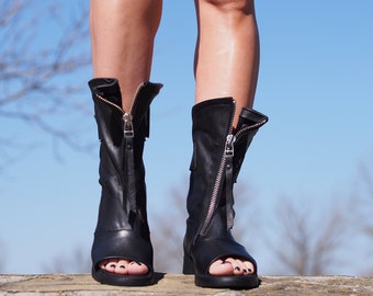 Black Leather Peep Toe Gladiator Boots – Open Toe Summer Booties – Handmade  Sandals – Boho Festival Shoes for Women
