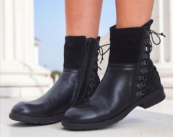 Black Leather Boots Women, Winter Leather Boots, Combat Ankle Boots, Lace Up Black Boots