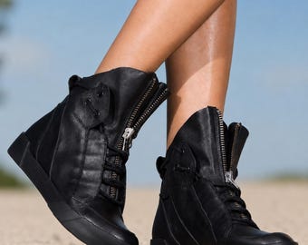 Black Leather Sneaker Boots Women, Leather High Top Sneakers, Womens leather Sneakers, Lace Up Boots, Leather Ankle Boots