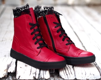 Red Genuine Leather Sneakers,Women Genuine Leather sneakers,Extravagant Red leather sneakers