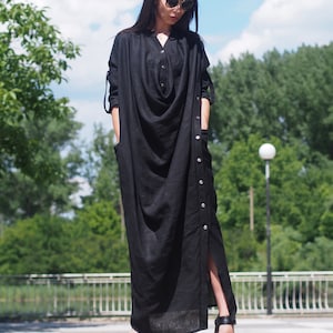 Black Asymmetric Linen Dress – Avant-Garde Loose Fit Sleeveless Dress with Side Button Detail