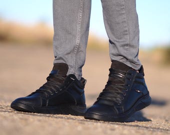Zwarte leren sneaker voor heren | Handgemaakte hoge sneakers | 100% echt leer | Casual streetwear enkellaarsjes