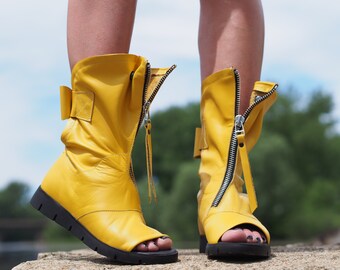 Botas de verano de piel auténtica amarillas, sandalias de