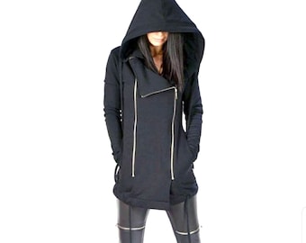 Long Black jacket/woman long jacket/black long sweatshirt/woman long sweatshirt/black long jacket/black long hooded sweatshirt/woman hooded