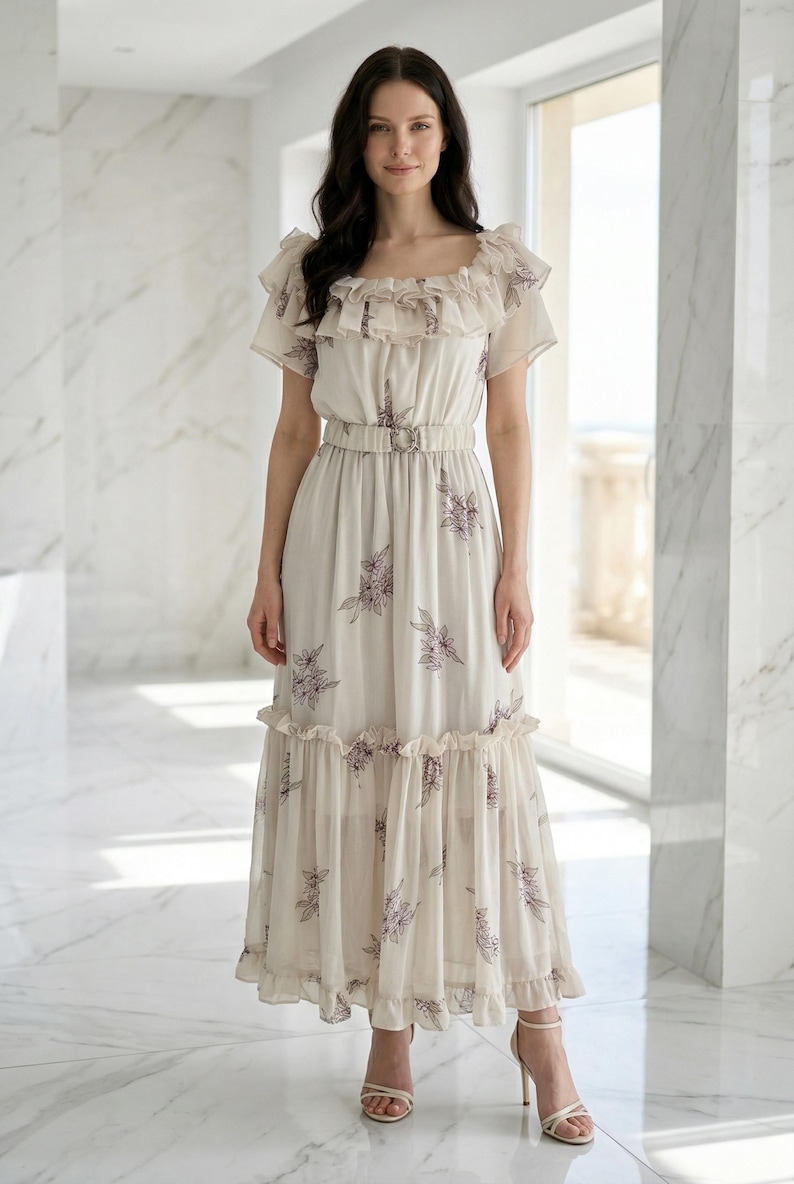 May include: A cream-colored midi dress featuring a ruffled neckline, short sleeves, and a matching fabric belt with a circular buckle. The garment is adorned with a delicate purple floral print and includes a tiered ruffled hemline.