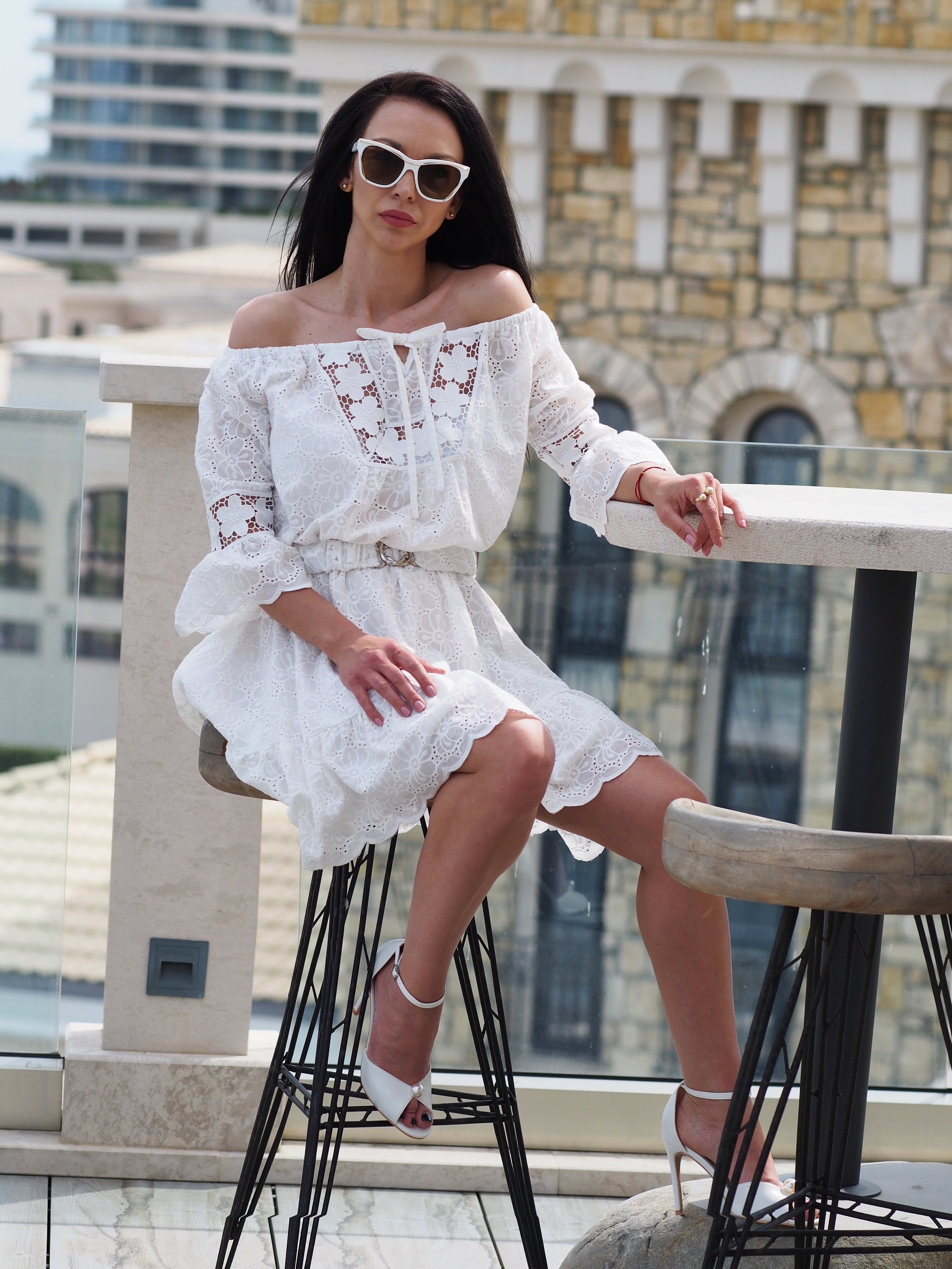 Boho White Off-Shoulder Cotton Lace Dress - Summer Cotton Lace Dress with Ruffle Sleeves-Embroidered Summer Dress -Boho Short Sundress