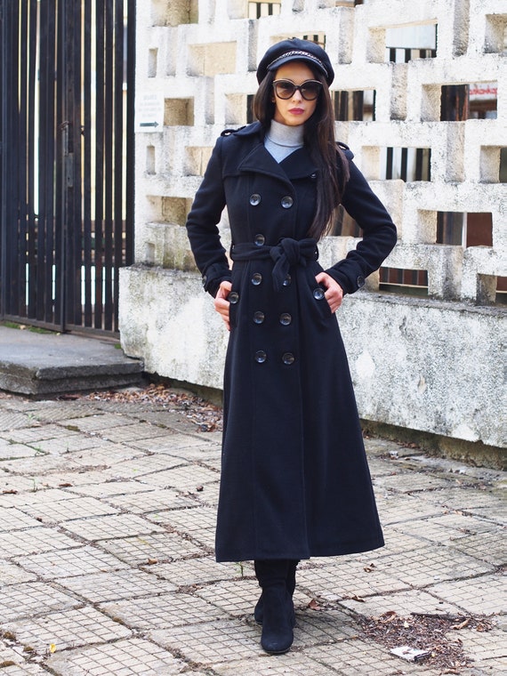 Women's long black wool cashmere best sale coat