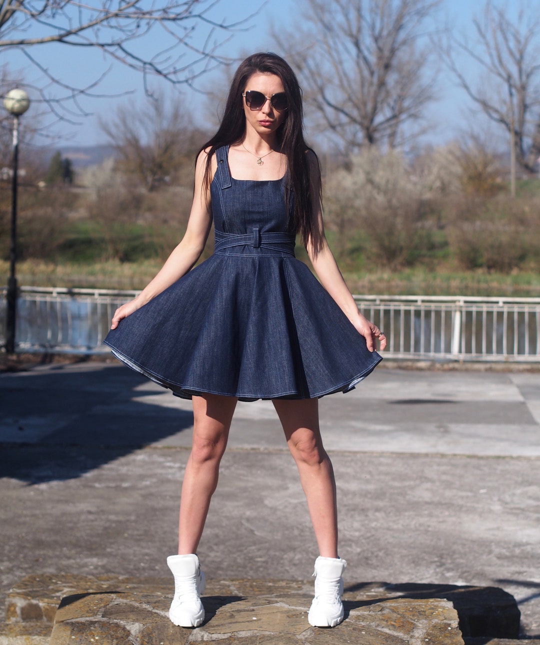 Vintage Style Denim Mini Dress - Sleeveless Fit and Flare Belted Dress - Summer Casual A-line Jean Dress
