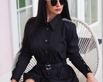 Vestido de algodón con encaje para mujer, vestido camisero negro extravagante, vestido bohemio de encaje para mujer, vestido de primavera y verano, vestido de encaje para mujer, vestido de verano de algodón para mujer